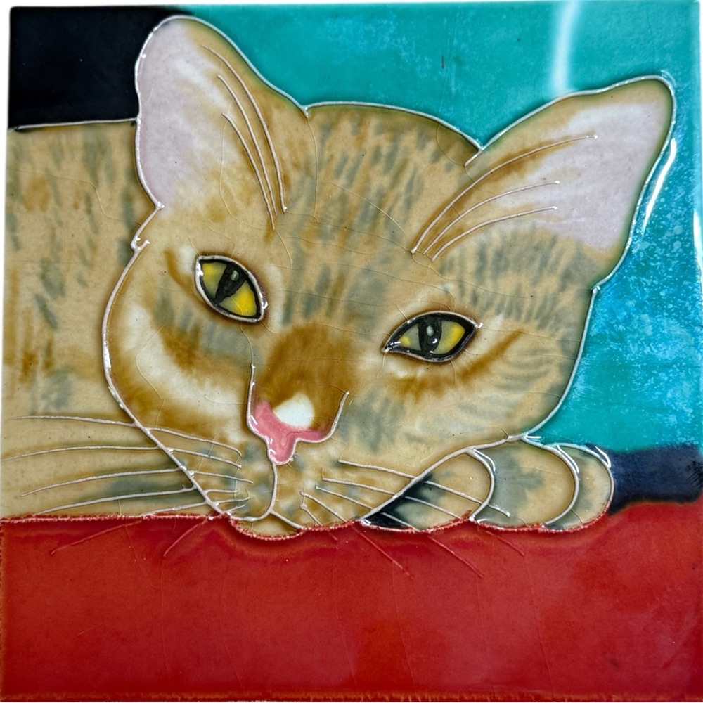 Hand-Painted Ceramic Cat Decorative Tile Wall Art Trivet Square Teal Red